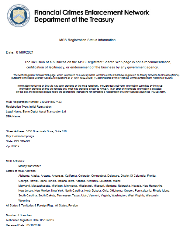 BiONE FinCEN Document