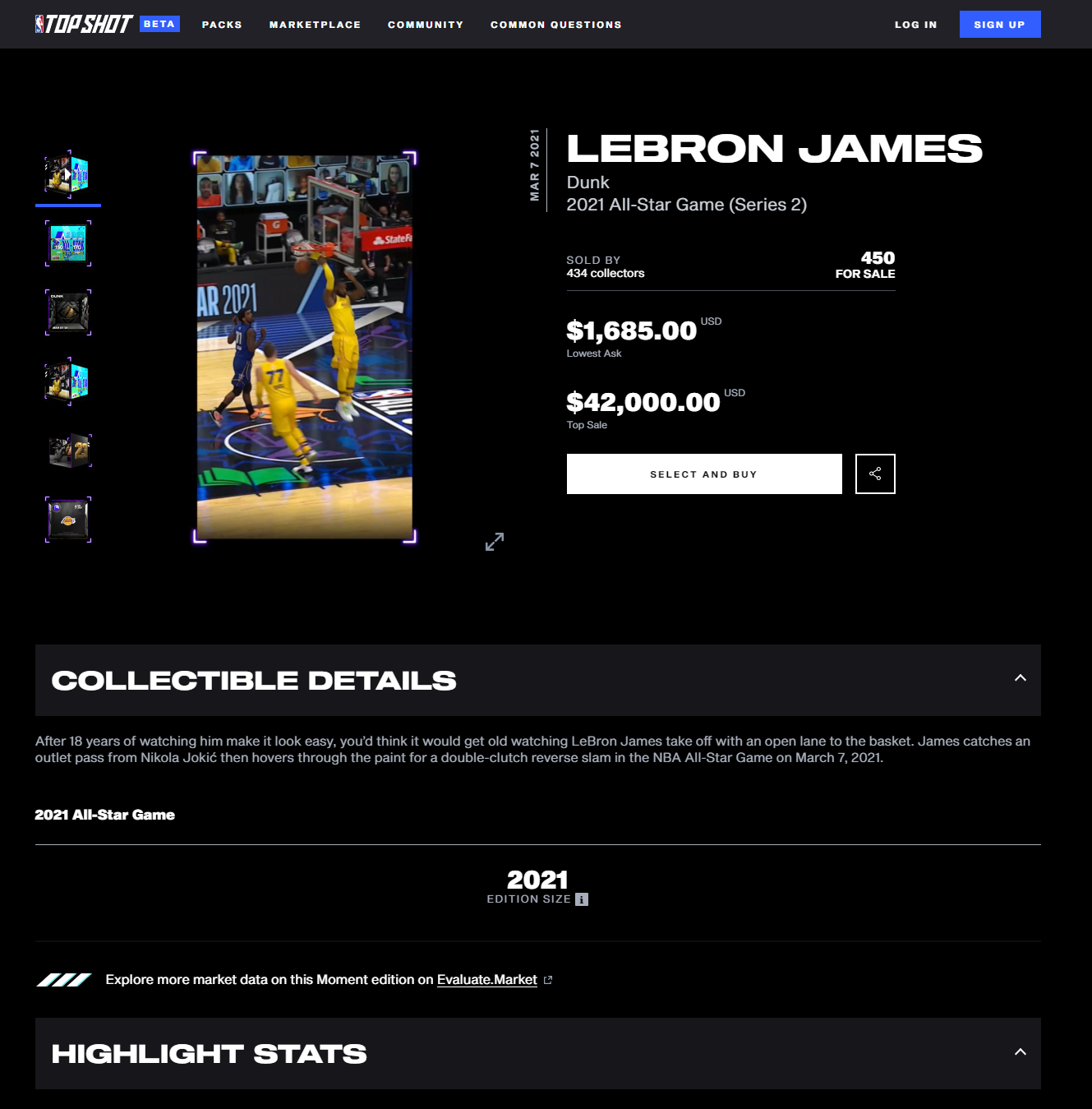 NBA Top Shot Marketplace Specific Layout